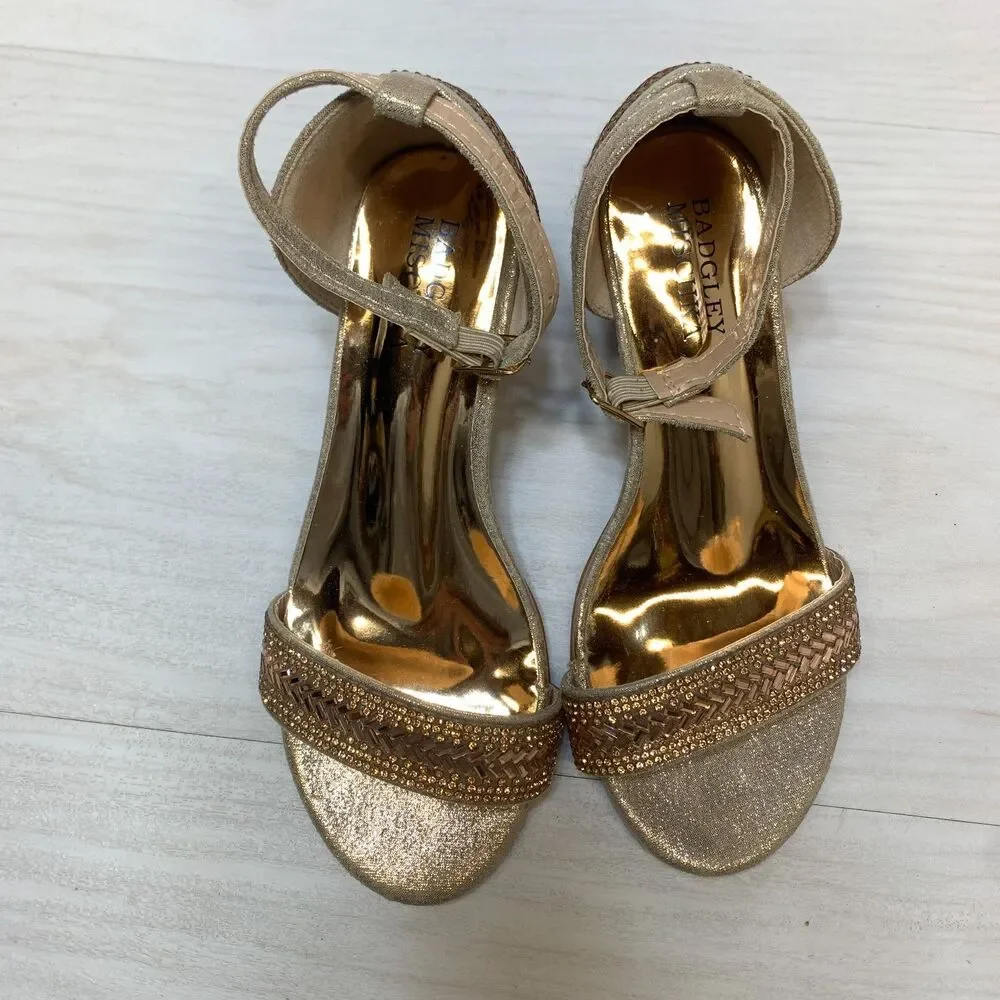 Badgley‎ Mischka Block Heel Sandals Girls Size 1 Gold Rhinestone Ankle Strap