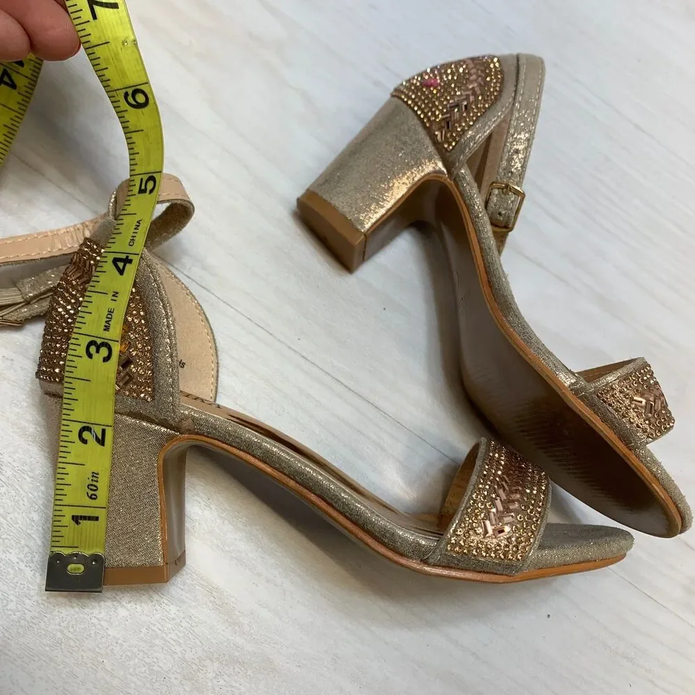 Badgley‎ Mischka Block Heel Sandals Girls Size 1 Gold Rhinestone Ankle Strap