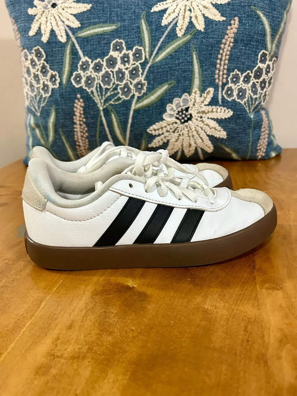 adidas Kids White Sneakers with Black Stripes and Brown Outsole