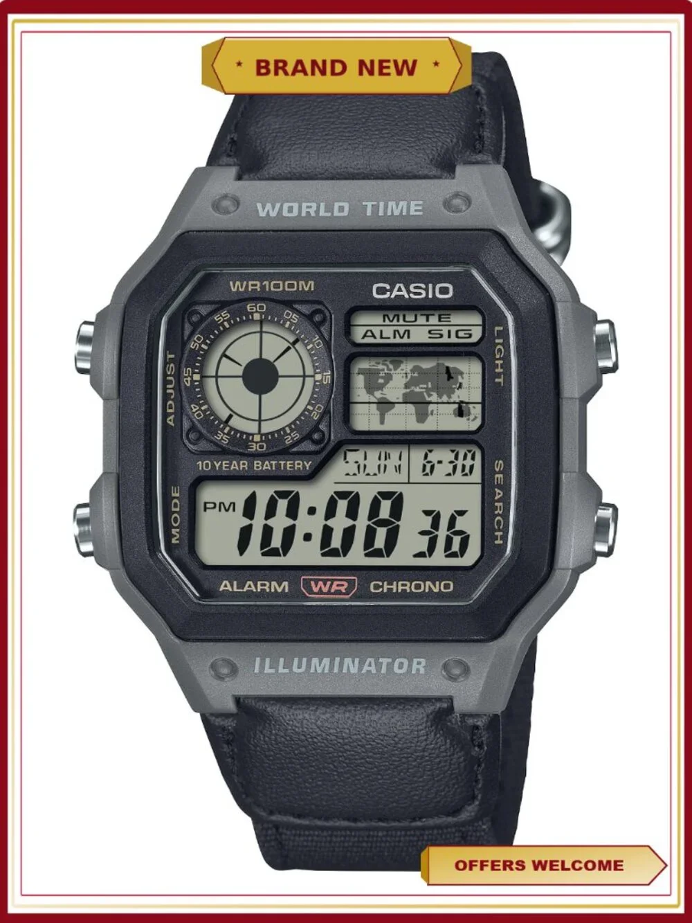 Mens Digital Watch 10-Year Battery 100m Water Resistant Cloth Band