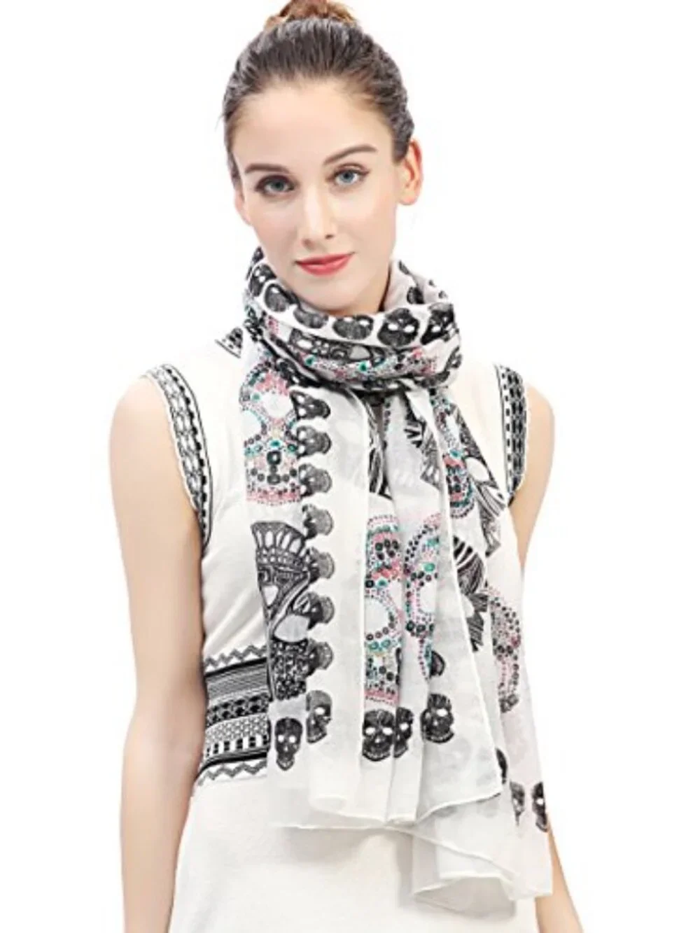 Lina & Lily Oversized Lightweight Scarf with Sugar Skull Print