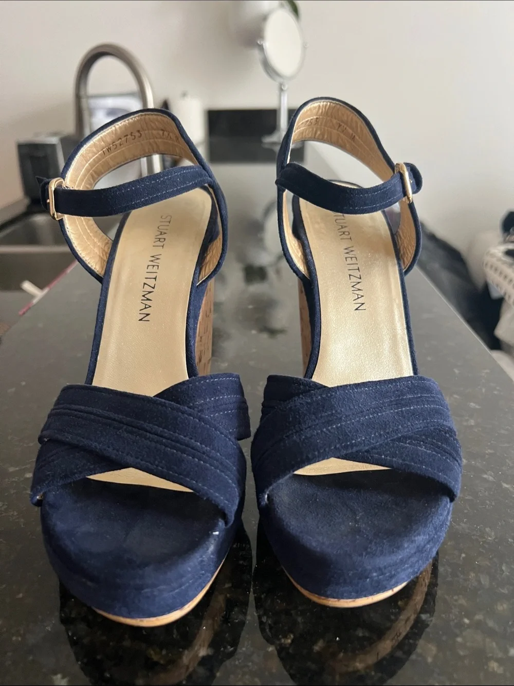 Stuart Weitzman Navy Suede Platform Heels with Ankle Strap