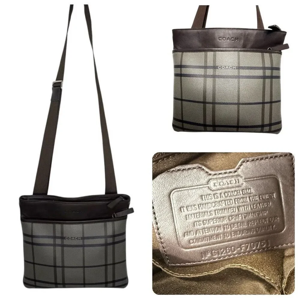 Coach Plaid Trans Atlantic Leather Messenger Bag F70751 Leather Trim, Crossbody,