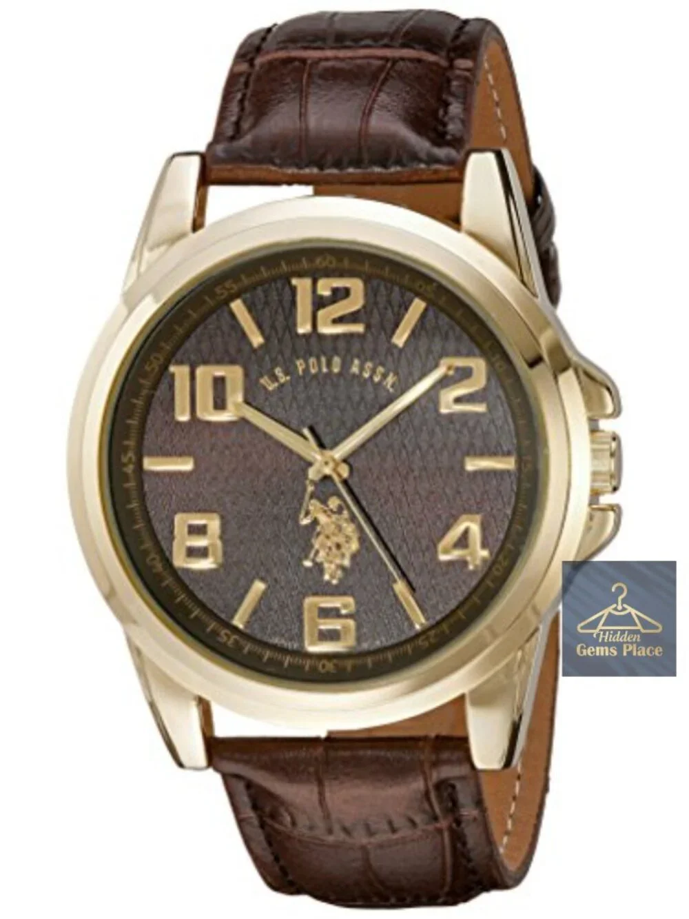 Men's Gold-Tone Analog Watch Faux-Leather Strap Quartz Movement