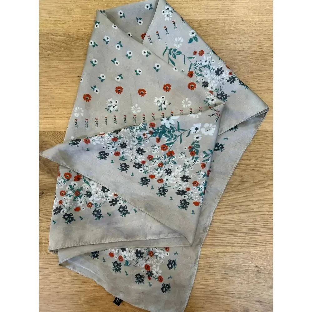 Floral Square Neck Scarf Neutral Beige Rust Orange Black Dainty Print 28x28⁠