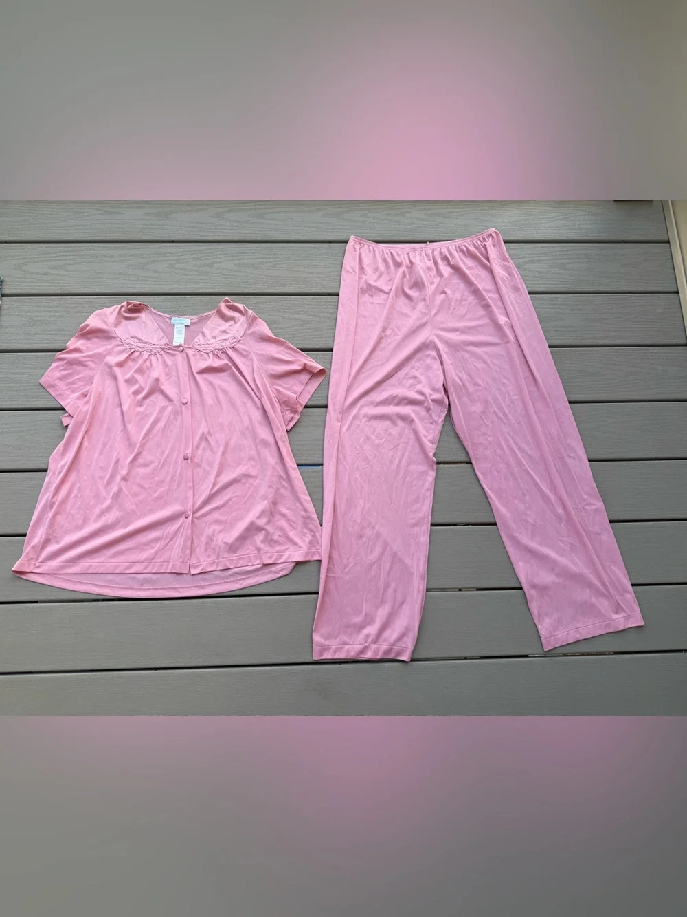 Vintage Vanity Fair Pink Nylon Pajama Set XL 44 Lace 2 Piece