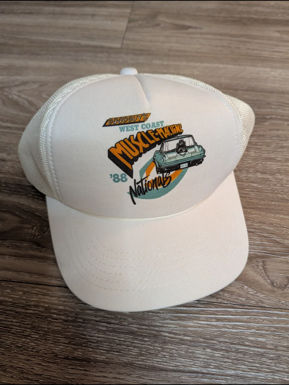 Vintage West Coast Muscle Machine 80s Cream Snapback Trucker Mesh Hat