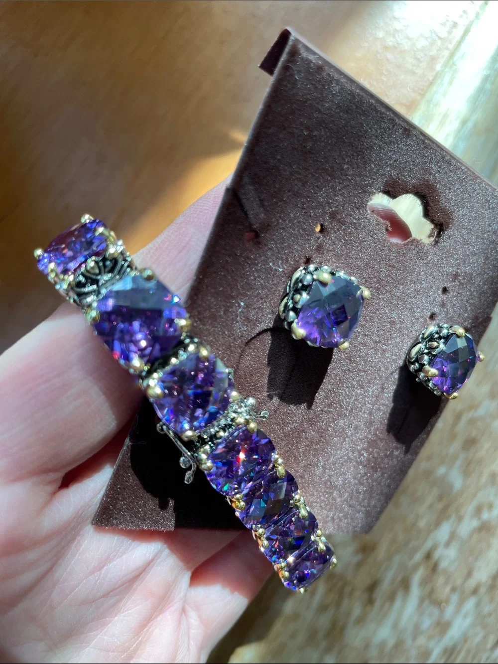 Purple Crystal Bracelet and Stud Earring Set - Elegant Women's Accessories