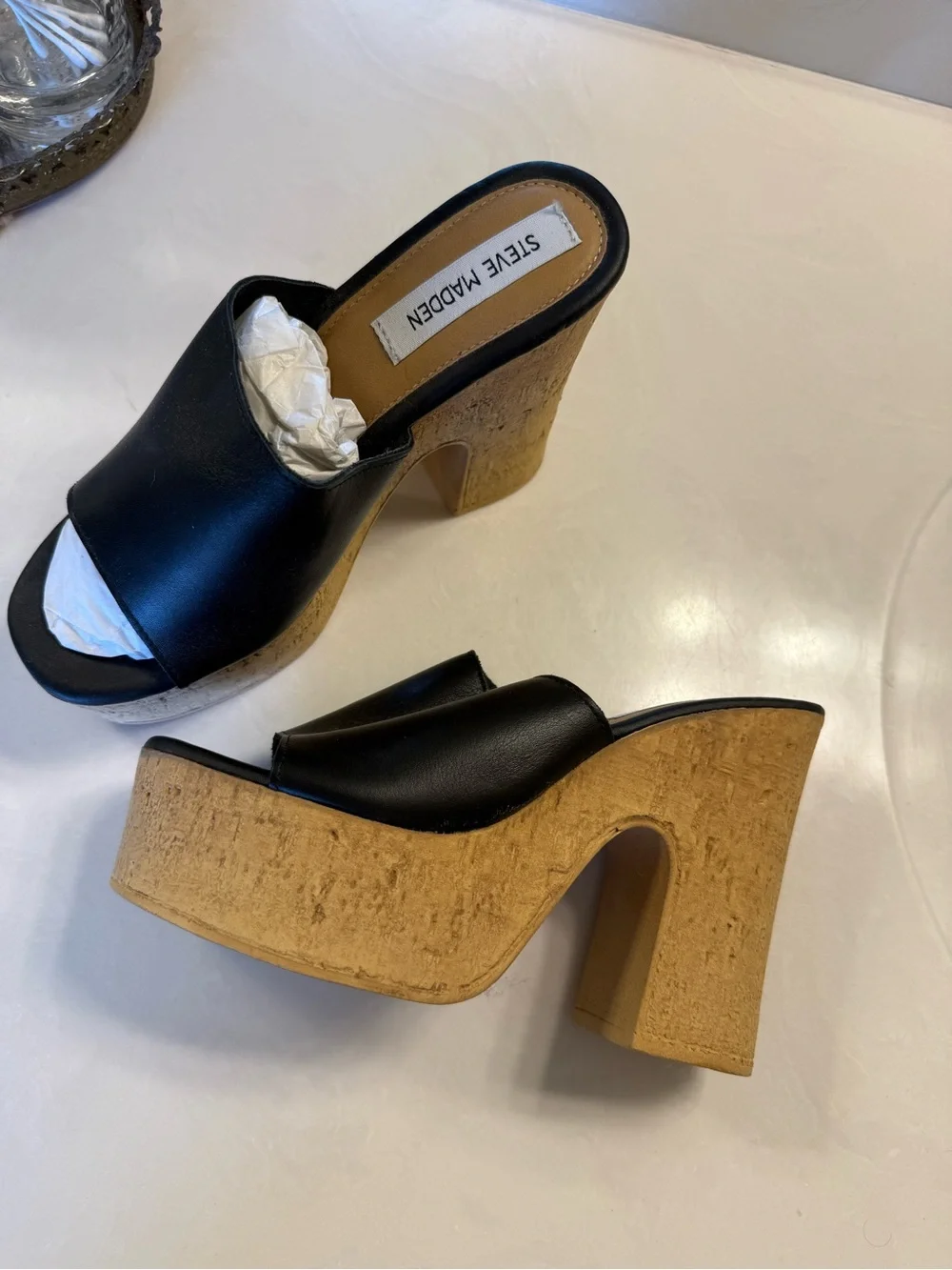 Steve Madden Black Leather Cork Platform Slide Heels