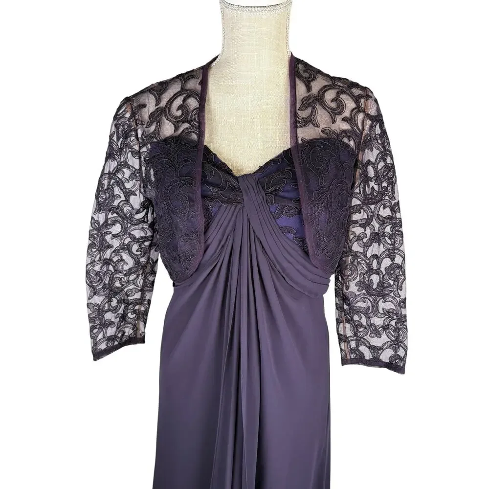 Tadashi Shoji 2 Piece Evening Gown Maxi Dress Women's 8 Purple Lace Jacket Party