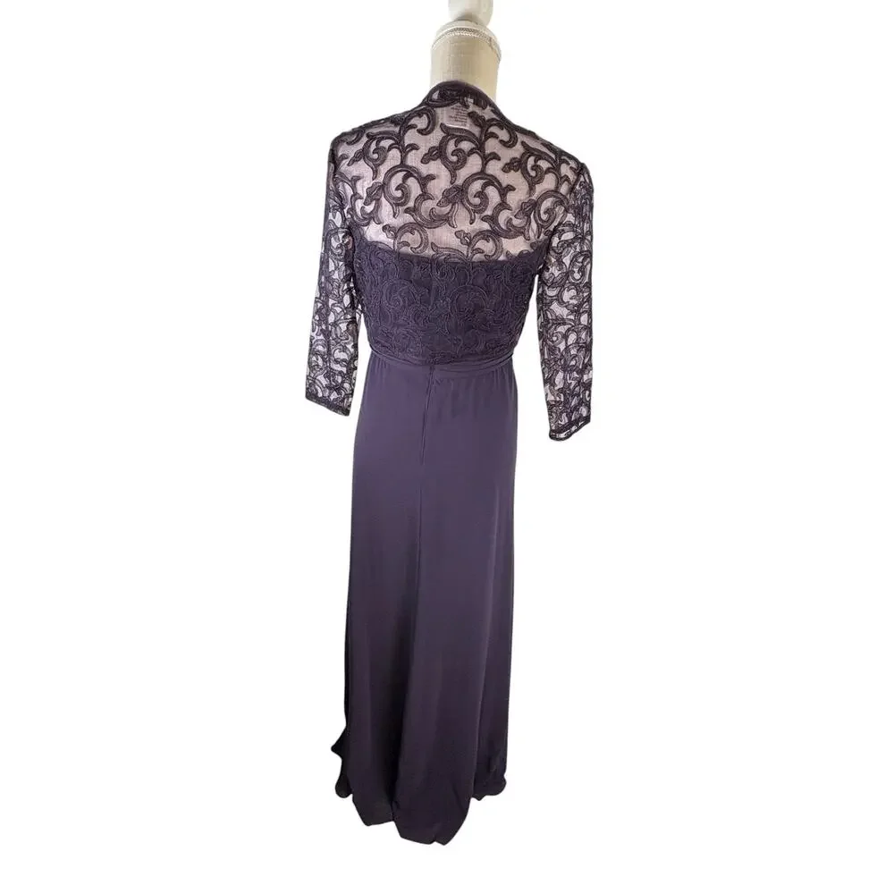 Tadashi Shoji 2 Piece Evening Gown Maxi Dress Women's 8 Purple Lace Jacket Party