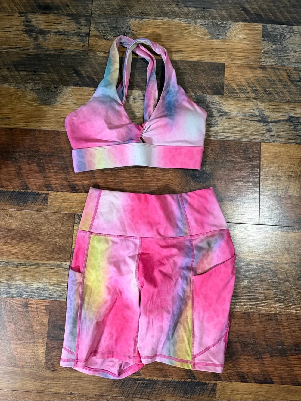 Fabletics Pink Multi Tie-Dye Sports Bra and Active Shorts Set