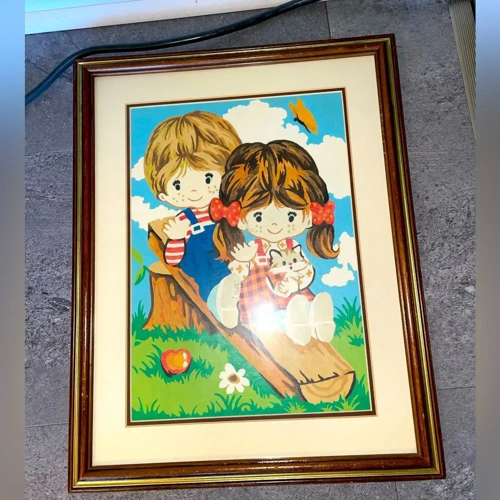 Vintage complete large paint by number girl & boy matted framed 14.5