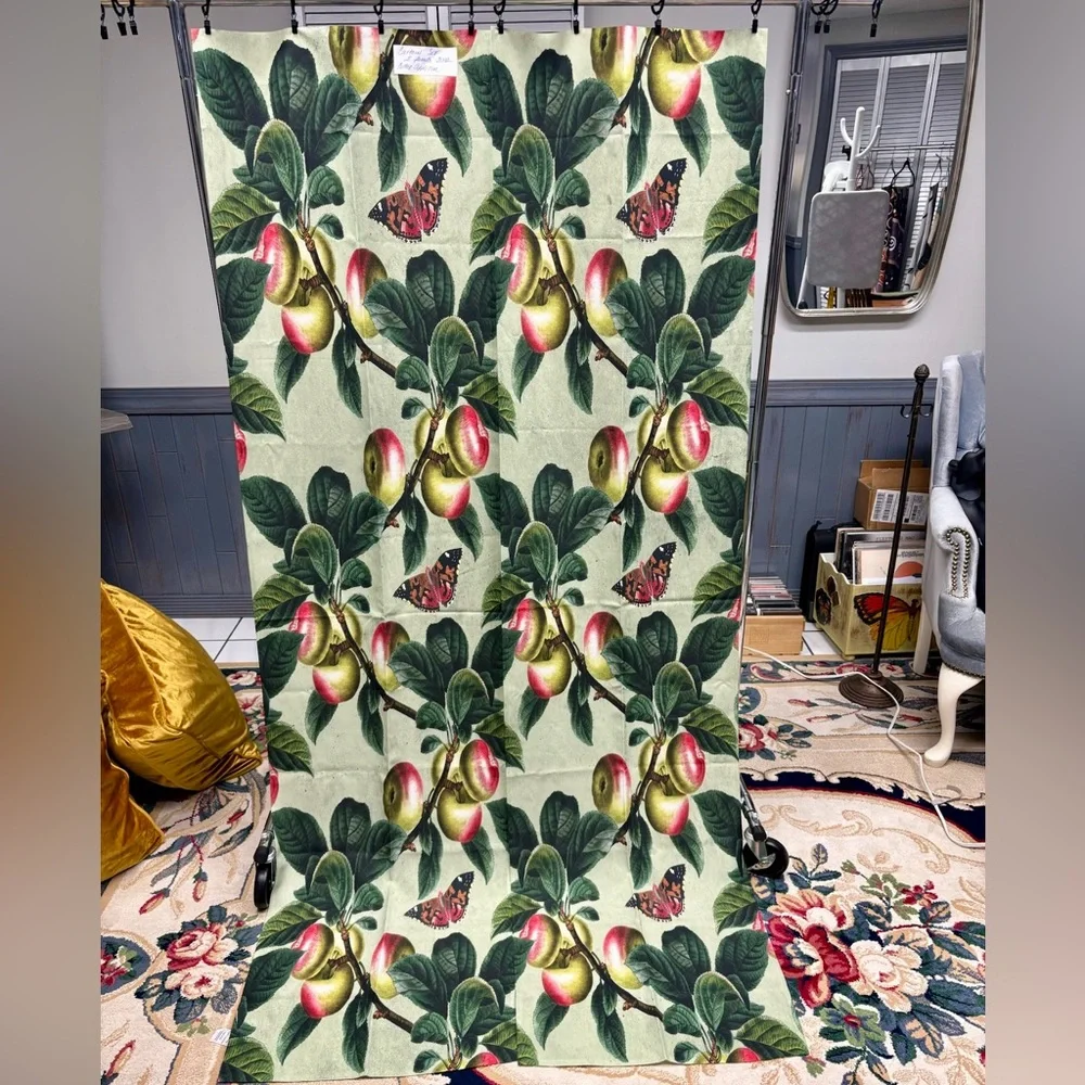 Botanical Fruit Print Curtains with Green Leaves and Pink Accents