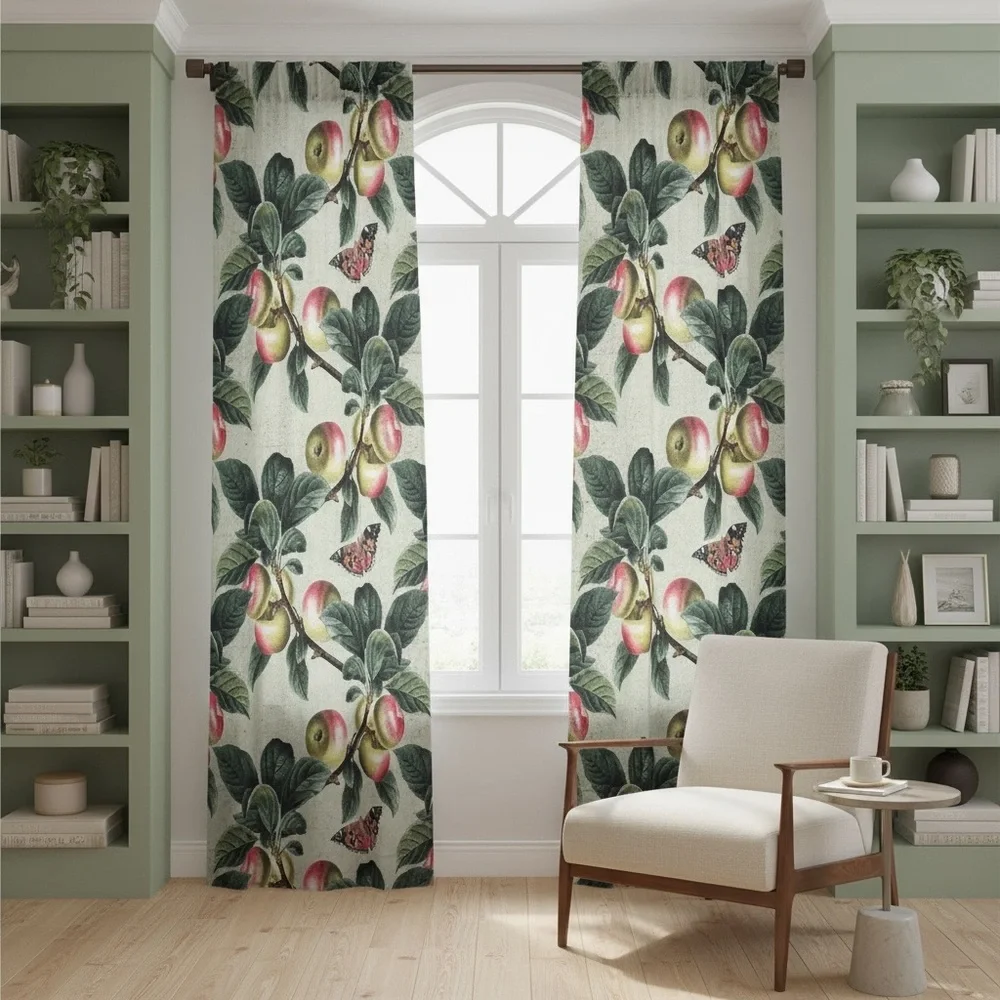 Botanical Fruit Print Curtains with Green Leaves and Pink Accents