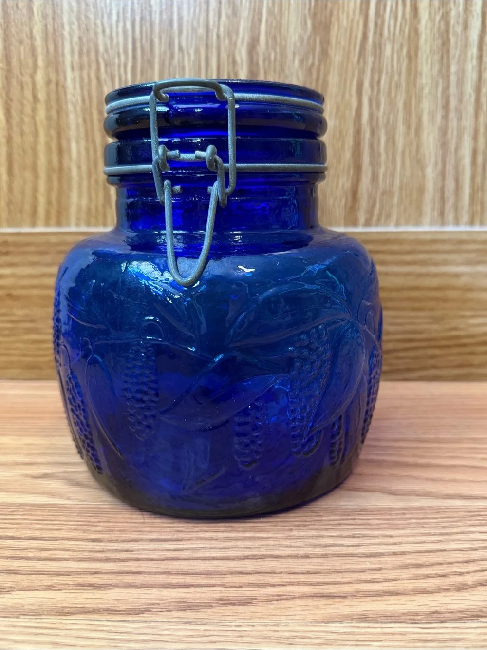Vintage Italian Cobalt Blue Glass Canister, Embossed Grapevine Jar, Swing lid