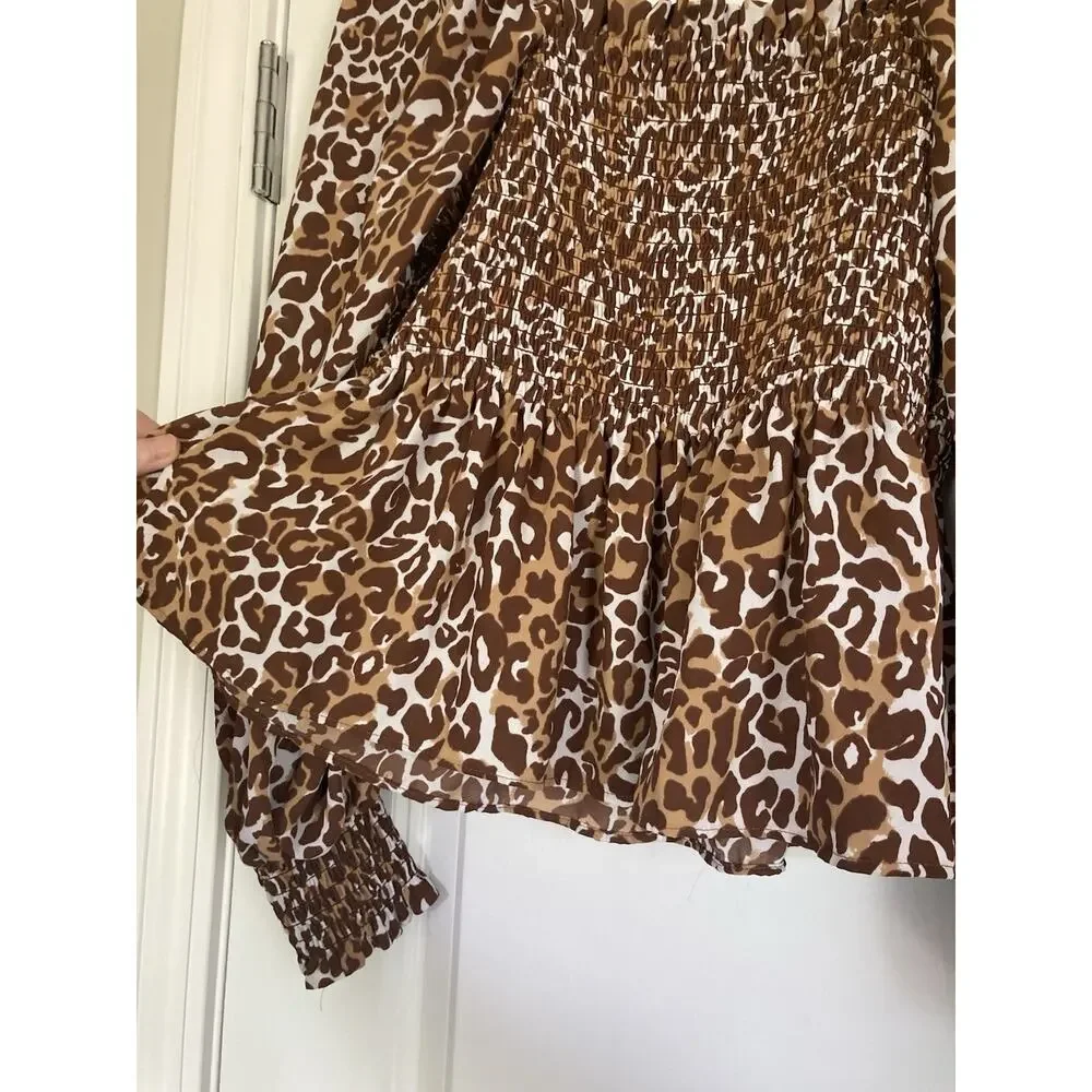 Lilly Pulitzer Leopard Demi Long Puff Sleeve Smocked Top Size M Preppy Coquette