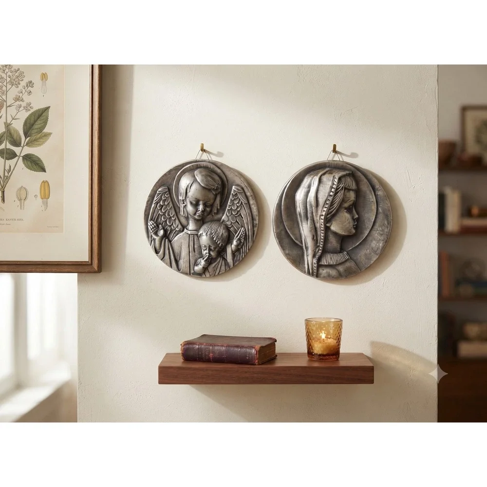 Vintage Pewter Relief Wall Plaques,‎ Set of 2, Made in Spain