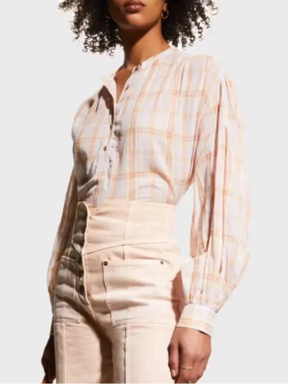 ULLA JOHNSON Nour Blouse Plaid Button-Down Plaid Pink Orange Size 2