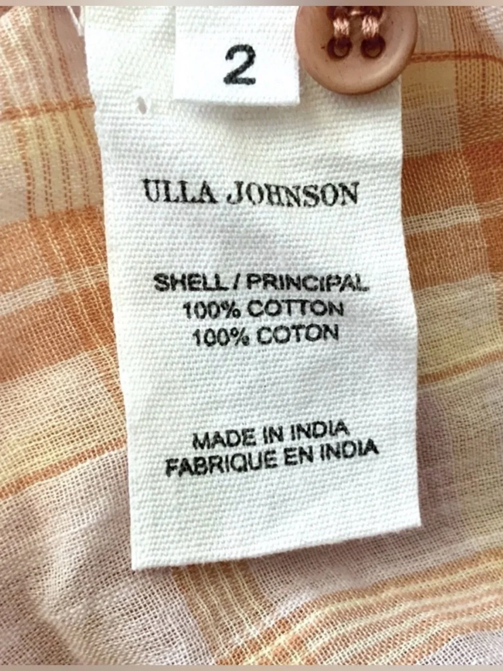 ULLA JOHNSON Nour Blouse Plaid Button-Down Plaid Pink Orange Size 2