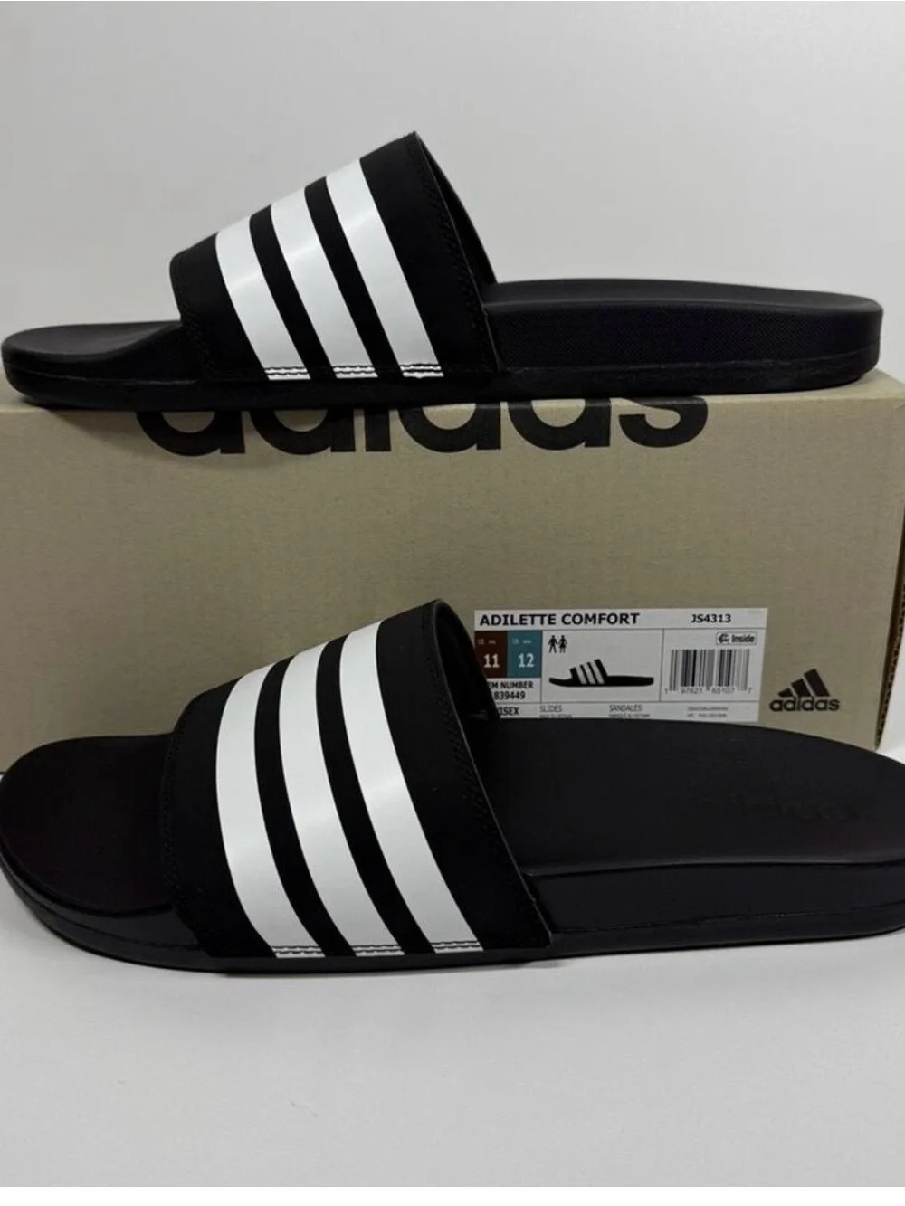 adidas Adilette Comfort Black with White Stripes Slide Sandals