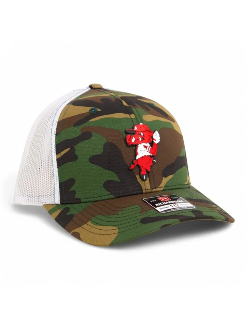Arkansas Razorbacks Pitching Ribby 3D Snapback Trucker Hat- Army Camo/ White