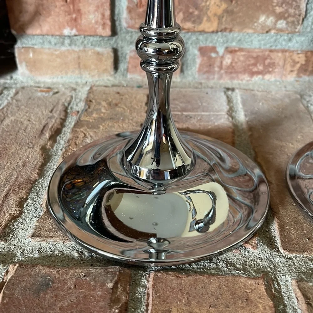 PartyLite Set of 2 Silver Chrome Wide Base Candlestick Holders