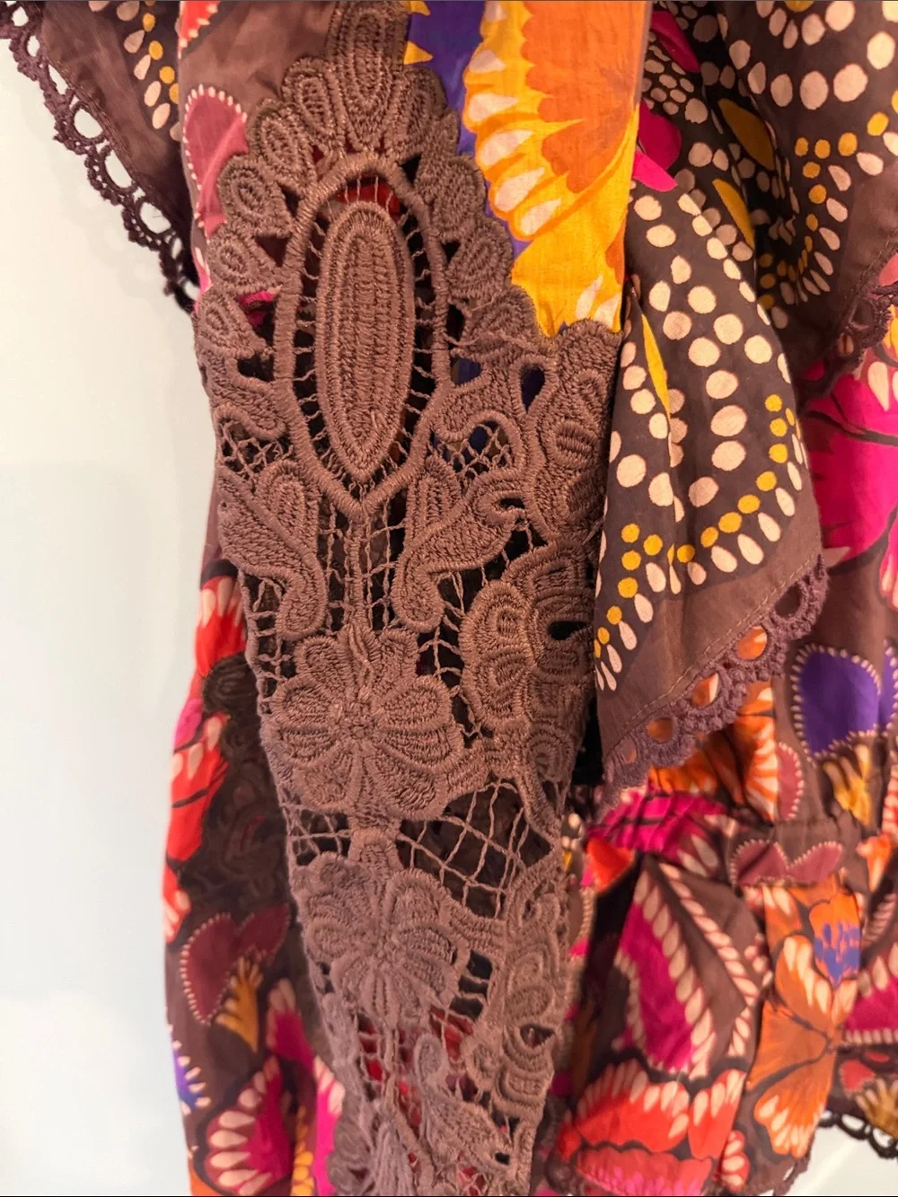 FARM Rio Bright Flora Brown Floral Peasant Blouse with Vibrant Accents