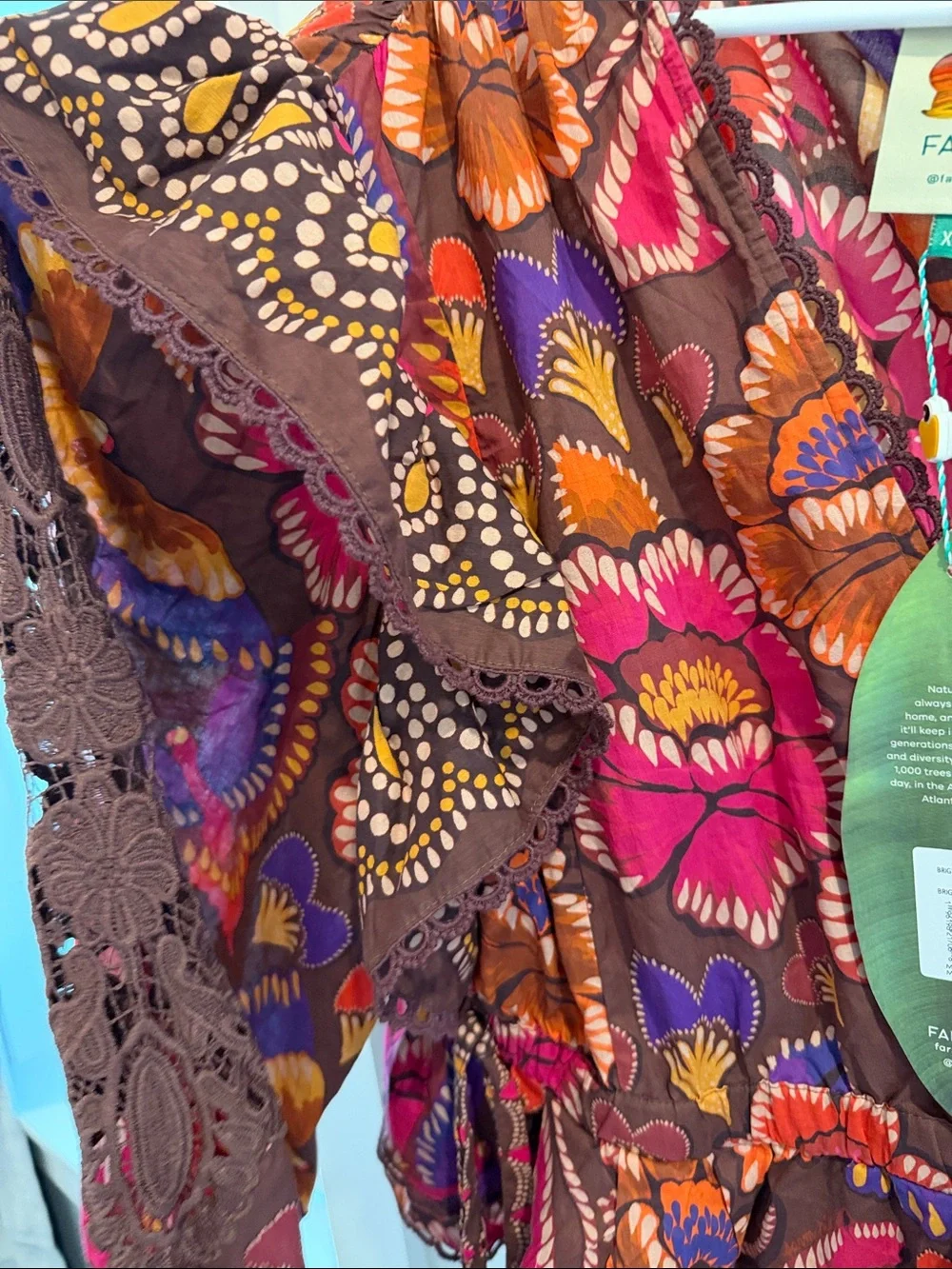 FARM Rio Bright Flora Brown Floral Peasant Blouse with Vibrant Accents
