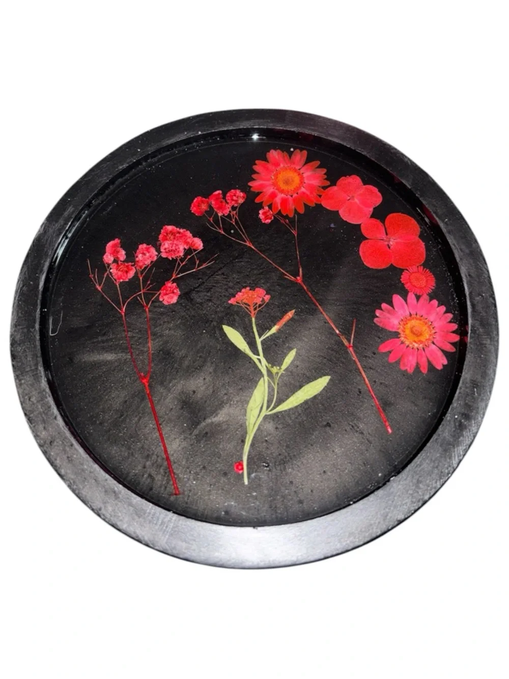 NORE’S NOVELTIES Handcrafted Decorative Round Tray “DARK BLOSSOM” w Real Flowers
