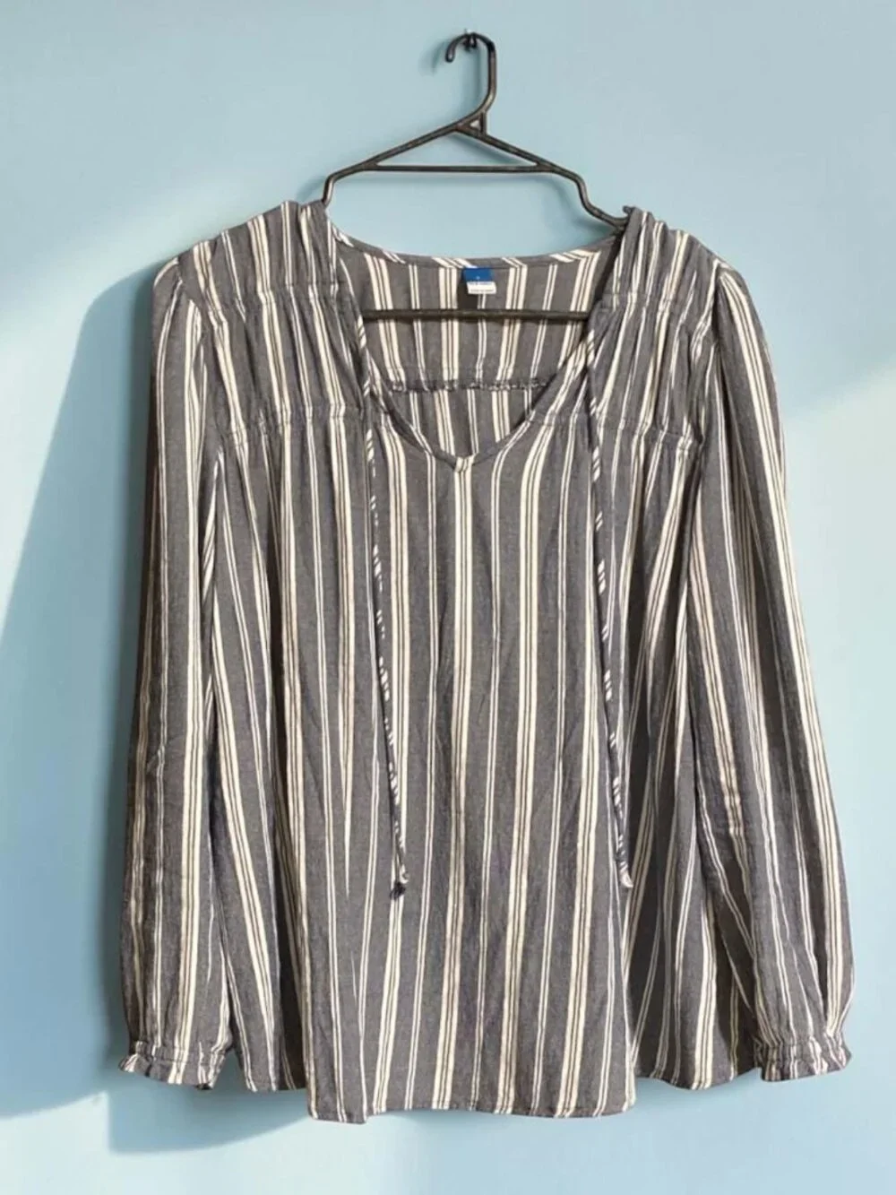 Old Navy Blue Striped Crinkled Smocked Poet Swing Blouse Size Small