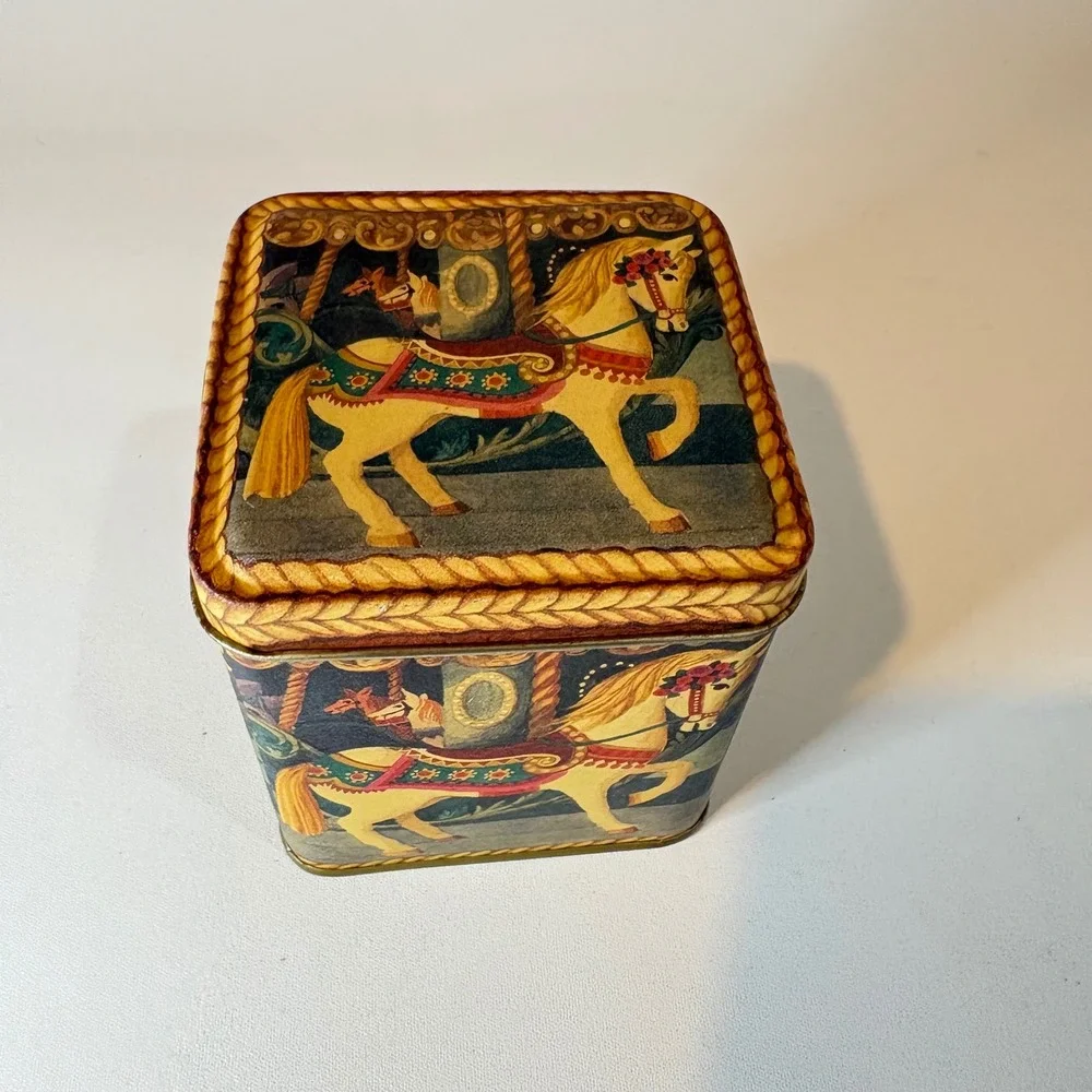 Vintage Carousel Horse Decorative Metal Tin Square Storage Container Carnival