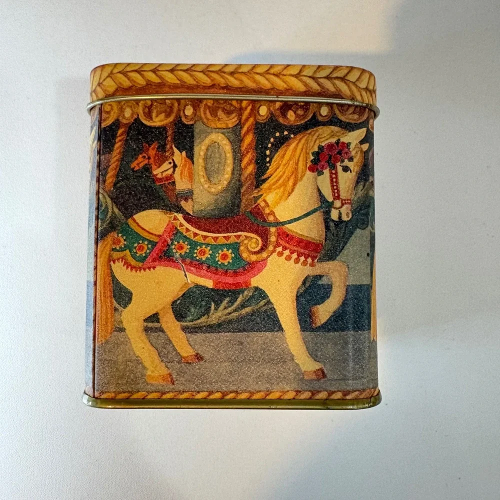 Vintage Carousel Horse Decorative Metal Tin Square Storage Container Carnival