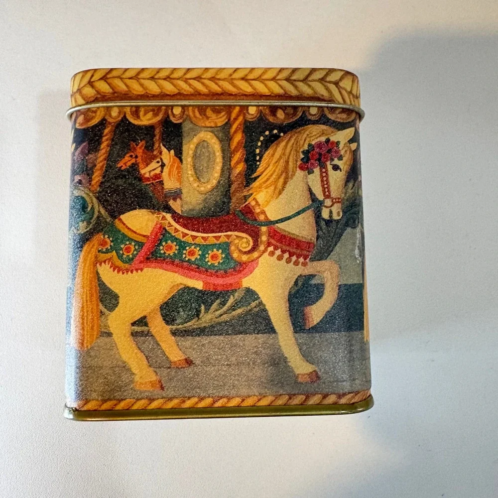 Vintage Carousel Horse Decorative Metal Tin Square Storage Container Carnival