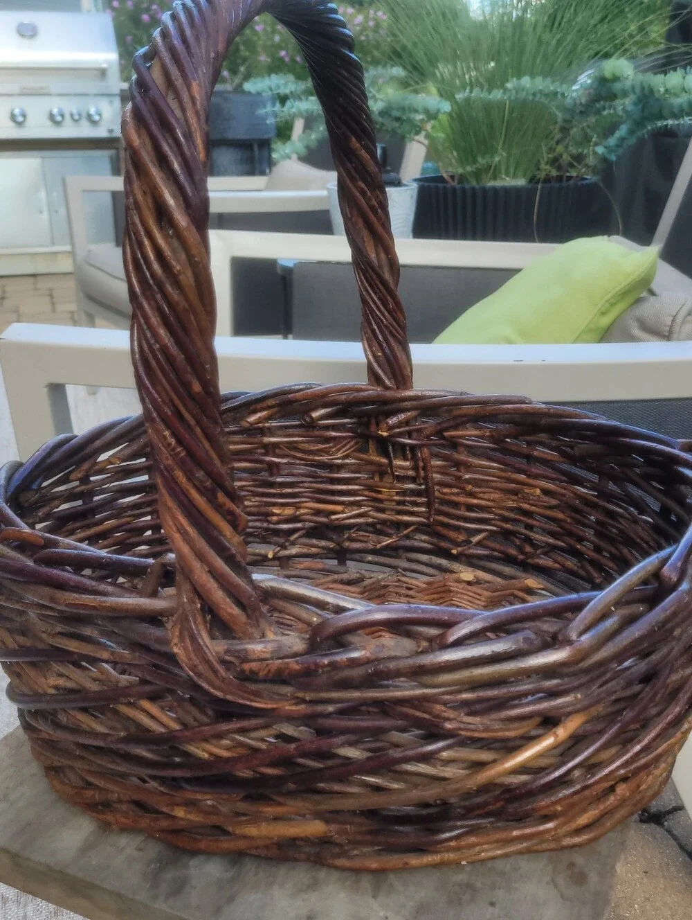 Large Dark Willow Gathering Basket with Arched Twisted Handle Handmade Vintage