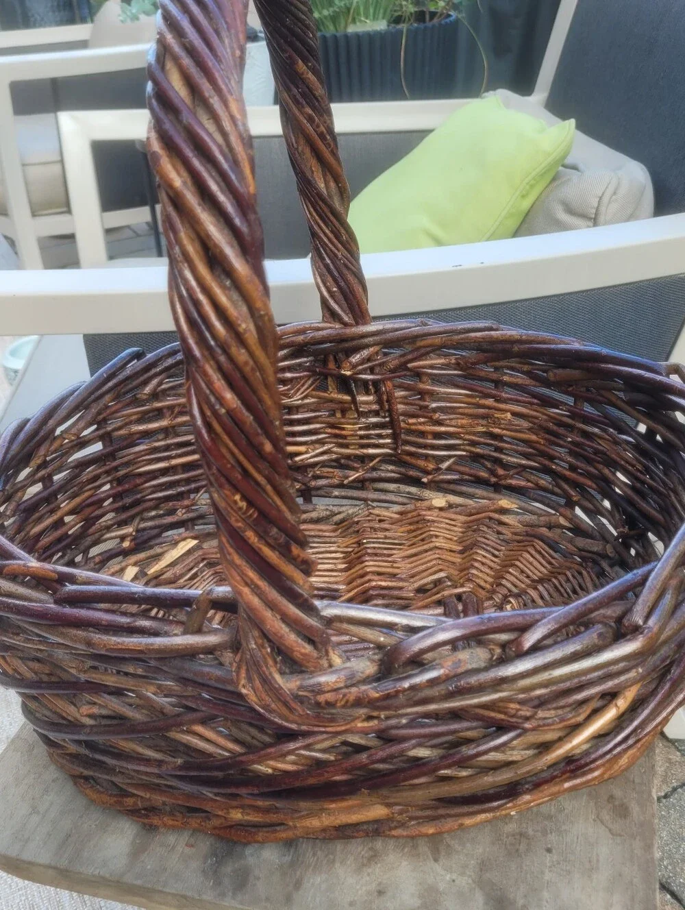 Large Dark Willow Gathering Basket with Arched Twisted Handle Handmade Vintage