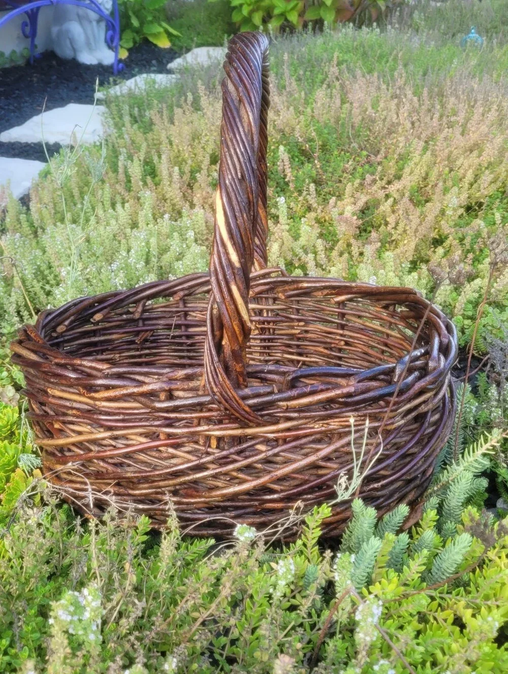 Large Dark Willow Gathering Basket with Arched Twisted Handle Handmade Vintage
