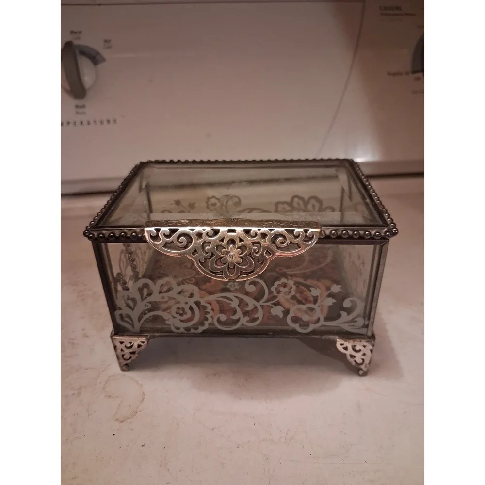 Brighton Silver Hinged Beveled /jewlry Glass Box With Paisly Print 5