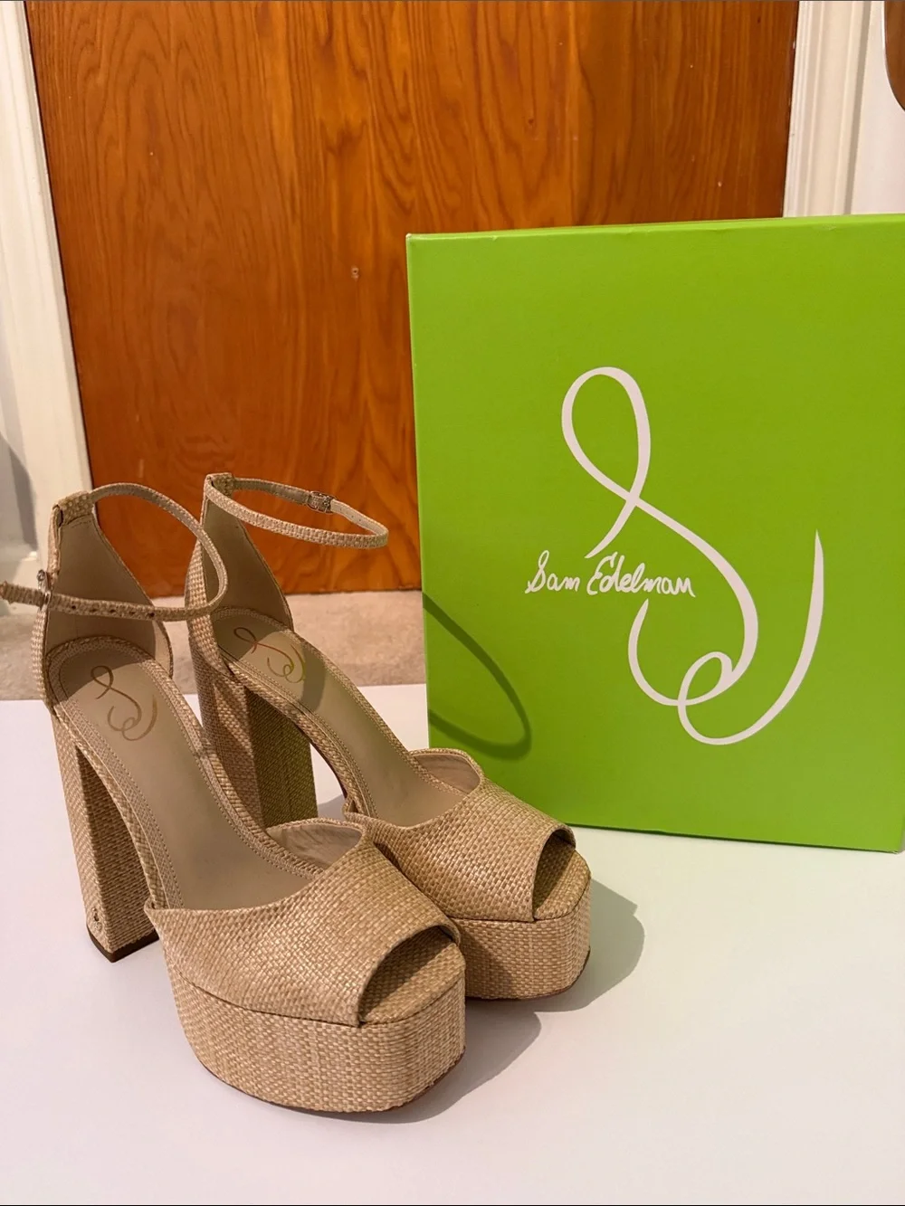Sam Edelman Beige Woven Platform Ankle-Strap Heels