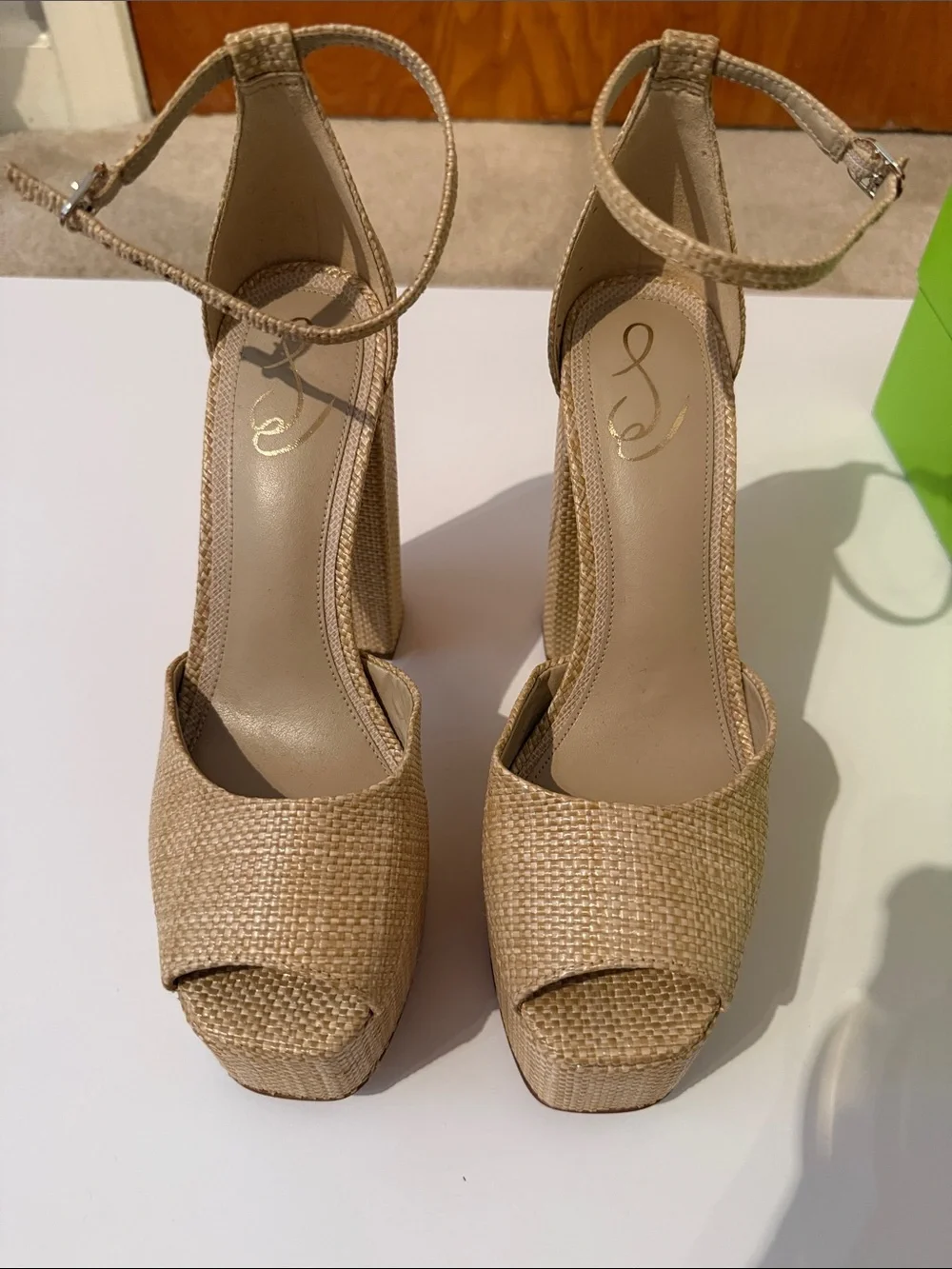 Sam Edelman Beige Woven Platform Ankle-Strap Heels