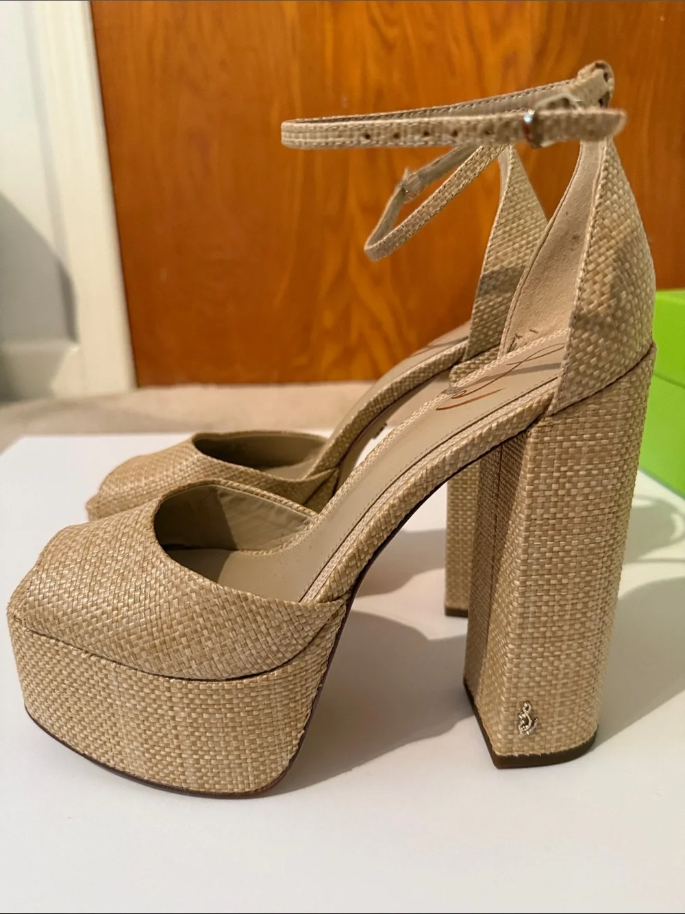 Sam Edelman Beige Woven Platform Ankle-Strap Heels