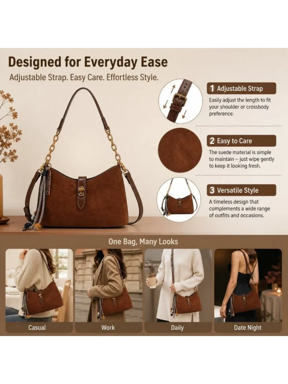 Lightweight Suede Crescent Shoulder Bag, Hobo Purse with Chain & Adjustable