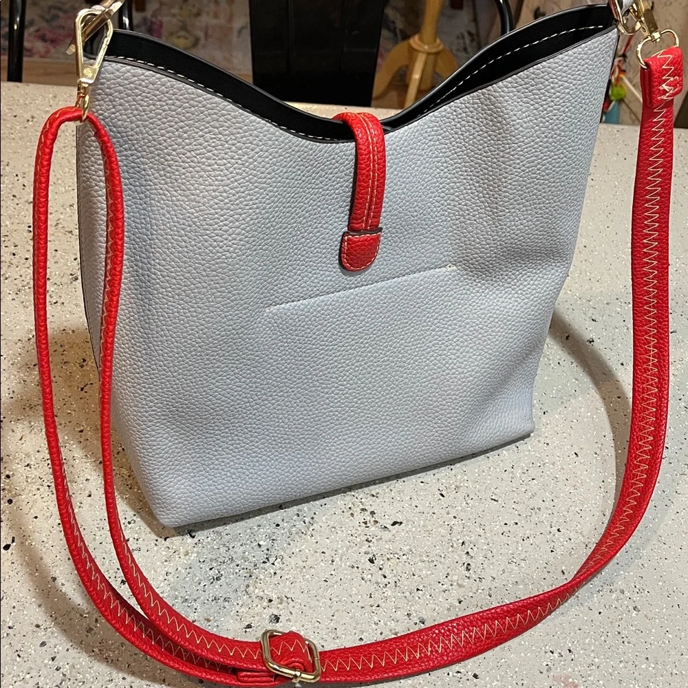 2 IN ONE BAG PEBBLED VEGAN LEATHER HOBO BAG AND MATCHING POUCH TWO TONE GRAY RED
