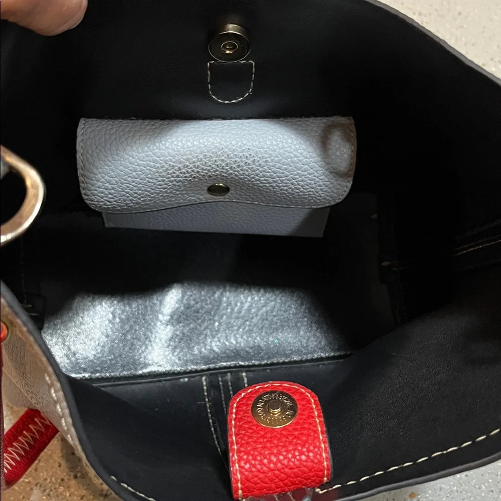 2 IN ONE BAG PEBBLED VEGAN LEATHER HOBO BAG AND MATCHING POUCH TWO TONE GRAY RED