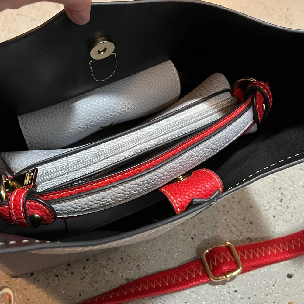 2 IN ONE BAG PEBBLED VEGAN LEATHER HOBO BAG AND MATCHING POUCH TWO TONE GRAY RED