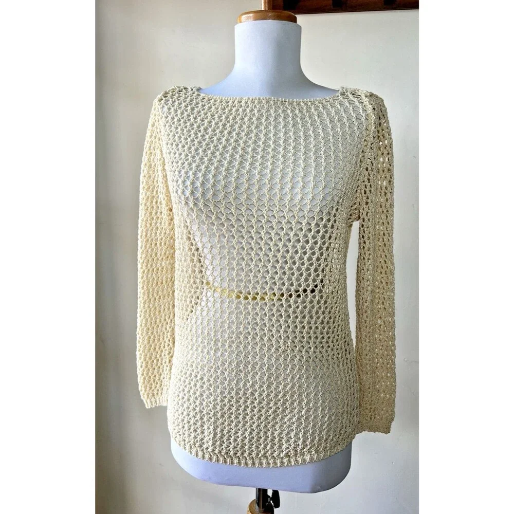 ZARAKNIT Beige Knit Openwork Long Sleeve Boat Neck Women's Top Small