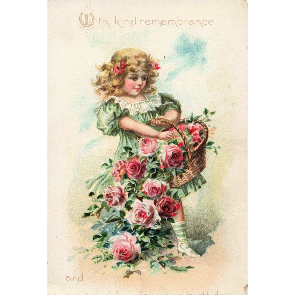Antique Raphael Tuck & Sons Embossed Birthday Postcard Girl Basket Pink Roses