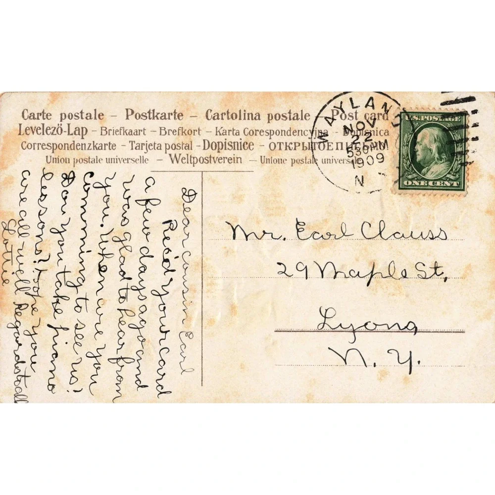 Antique 1909 Yellow Rose Floral Postcard Divided Back Wayland NY 1c Stamp Used