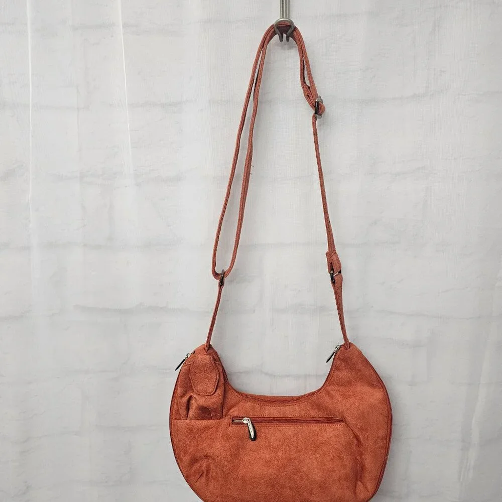 Vintage Travelon Hobo Bag Microsuede Orange Travel Boho Crossbody Expandable