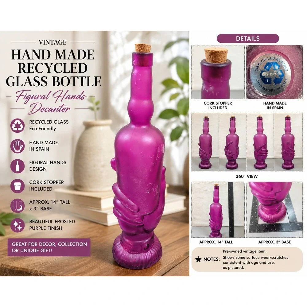 Vintage Hand Made Spain Recycled Glass Figural Hands Decanter Frosted Purple 14